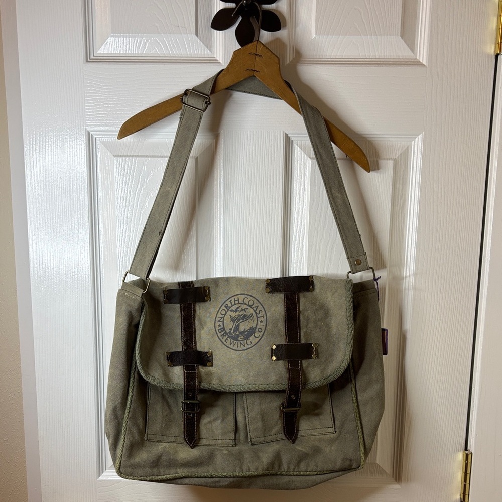 Canvas and Leather Messenger Bag - Khaki Green NWT North Coast Brewing Co Logo